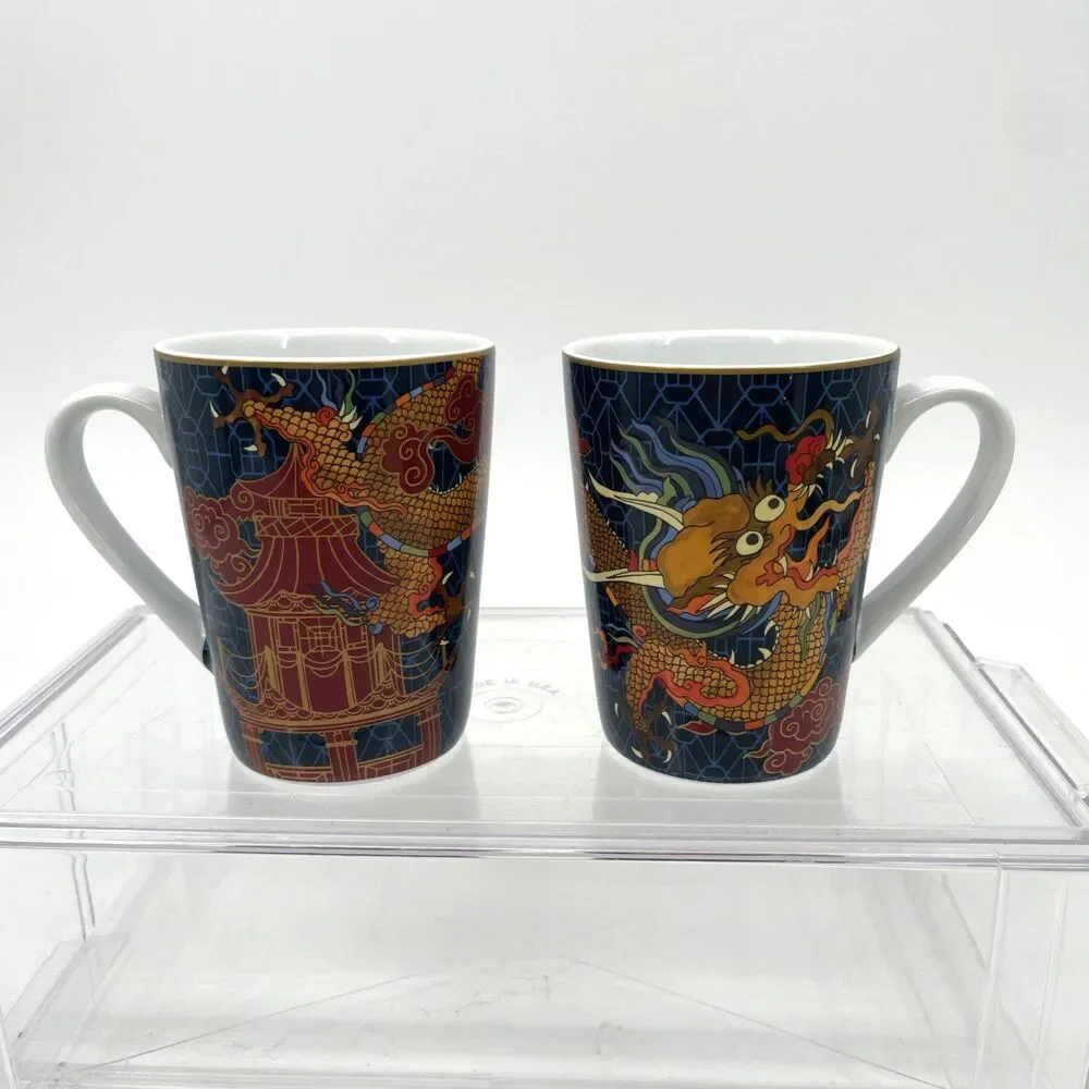 2 Williams Sonoma Lunar New Year Chinese Dragon Mugs Cups Blue Ceramic 12 oz